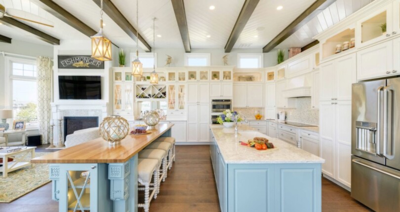 What do you think of the baby blue painted islands in this kitchen?…