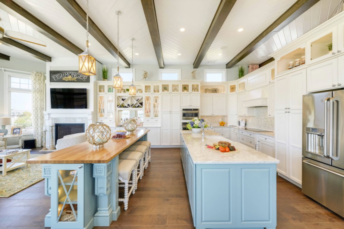 What do you think of the baby blue painted islands in this kitchen?…